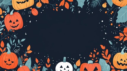 Wall Mural - Halloween Pumpkin Border with Fall Leaves and Stars on Black Background