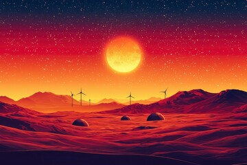 Wall Mural - Red Desert Landscape with Windmills and a Full Moon