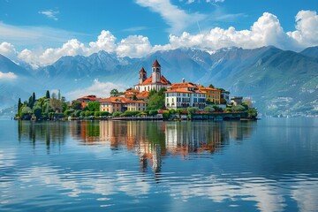 Wall Mural - Serene Island Retreat Surrounded by Majestic Mountains and Reflective Waters