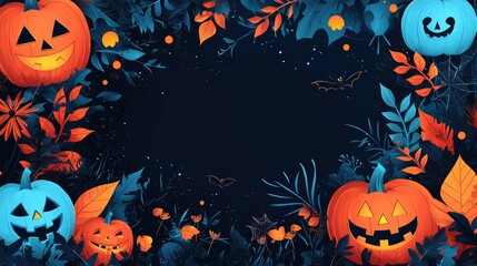 Wall Mural - Halloween Pumpkin Jack o  Lantern Background with Blue Foliage