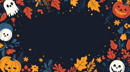 Wall Mural - Halloween Pumpkin and Ghost Autumn Leaves Border