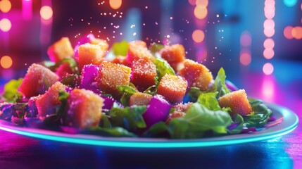 3D rendering of neon-lit Caesar salad with croutons and Parmesan cheese, vibrant colors, and a glowing effect on a dark background. Ultra-realistic photography.