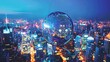 © improvee design - Glowing globe Earth with Skyscraper city skyline background for the concept of global connectivity of Modern Future urban development.