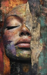 Wall Mural - 35. **Textured face art featuring a human face with mixed media elements like collage and paint**