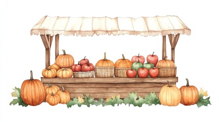 A watercolor illustration of an autumn market stand with pumpkins and apples, featuring a rustic wooden stall and harvest produce.