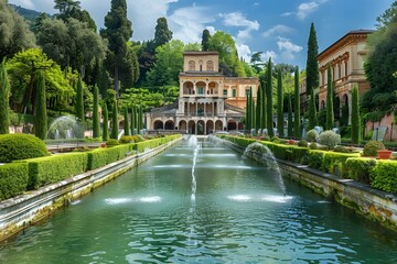 Wall Mural - Serene Garden Oasis with Elegant Architecture and Fountains