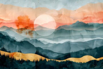 Canvas Print - Serene Mountain Landscape at Sunset with Soft Watercolor Hues