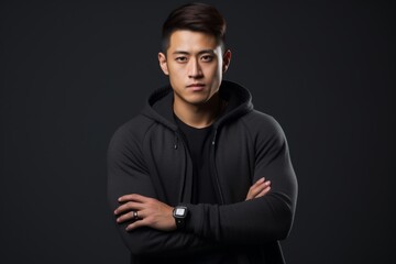 A man in a black hoodie and watch is standing with his arms crossed