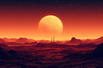 A Futuristic Cityscape on a Red Planet with a Large Moon