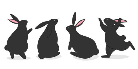 minimalist set of cute rabbits In various poses, design for easter, chiness mid autumn banner or thanksgiving day poster, card for sale promotion, Cartoon black rabbits in a celebration illustration