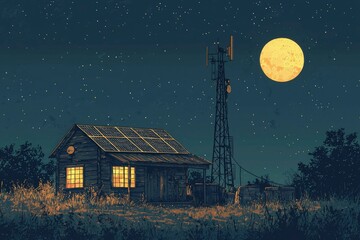 Wall Mural - A Cabin with Solar Panels Under a Starry Night Sky with a Full Moon