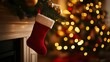 © lucegrafiar - Cozy Christmas scene with red stocking hanging by the fireplace
