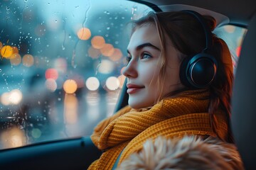 Cozy Moments: A Young Woman Enjoys Music While Watching Rainy City Lights from a Car Window