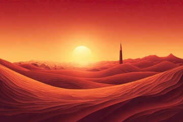 Poster - Towering Structure in a Sunset Desert Landscape