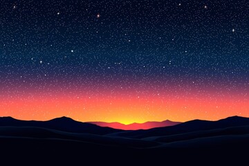 Canvas Print - Starry Night Sky Over Silhouette Mountains with Sunset Horizon