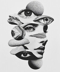 Wall Mural - A minimal black and white collage with cut out shapes of different faces, eyes and lips on top of each other creating an abstract face made from multiple faces, shapes, spheres, rocks on display in th