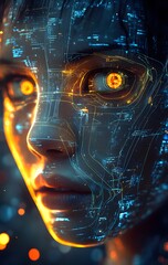 Wall Mural - 26. **futuristic portrait featuring a human face with cybernetic enhancements and glowing accents**