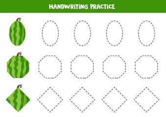 Tracing contours  for kids.  2d shapes watermelons. Handwriting practice.