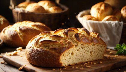 Freshly baked bread with sesame seeds on a wooden board. ai generative