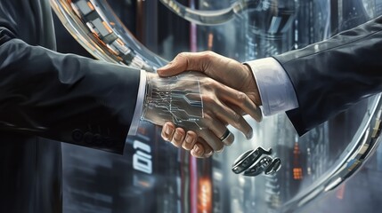 Two business professionals engage in a digital handshake within a futuristic urban environment, symbolizing collaboration and innovation