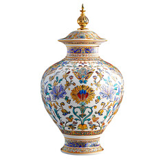 Exquisite Floral Majesty: An intricately designed porcelain vase, adorned with vibrant floral patterns and topped with a golden finial, stands as a testament to timeless elegance and craftsmanship. 