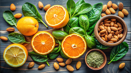 Fresh oranges, almonds, and spinach leaves arranged on wooden table 