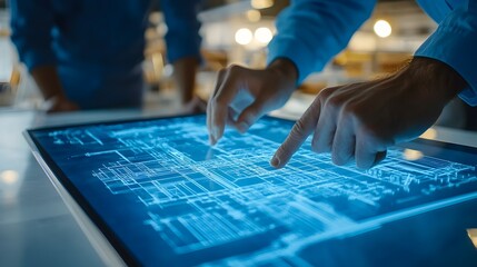 Architect Pointing at Blueprint on a Digital Tablet: An architect uses a tablet displaying digital blueprints while discussing the design with another professional at a site.
