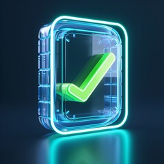 Futuristic 3D checkmark icon glowing in neon light, representing success and approval, isolated on dark background.