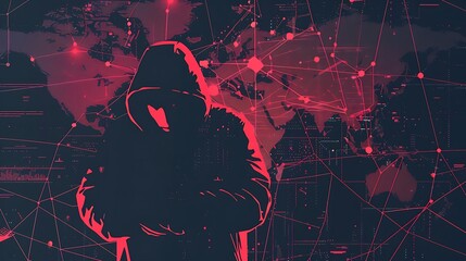 A flat design of a global cyberattack, showing lines of connection between different countries on a world map, with a shadowy hacker figure looming in the background,
