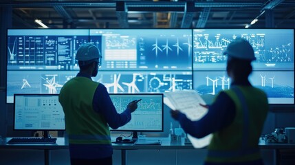 Group of wind turbine engineers discussing blueprints and data in a control room, with digital screens displaying turbine information blue neon