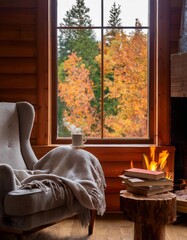 In front of a large window, there is a chair as well as a table