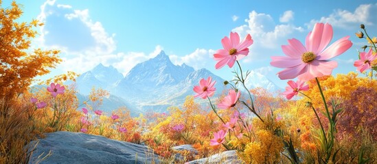 Aufkleber - Autumn scenery featuring mountains cosmos and kochia in a 3D cartoon rendering against a blue sky