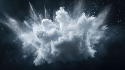 Abstract design of a white powder cloud against a dark background in 3D cartoon rendering