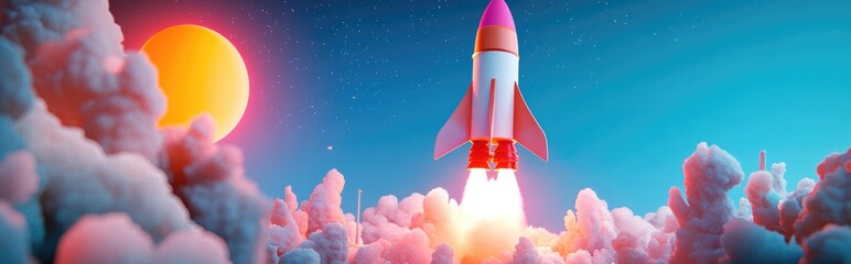 Aufkleber - 3D cartoon rendering featuring a space rocket taking off against a backdrop of a blue sky and sun