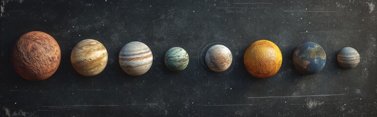 Wall Mural - High resolution images of planets in the solar system on a chalkboard featured in a 3D cartoon rendering of Mercury