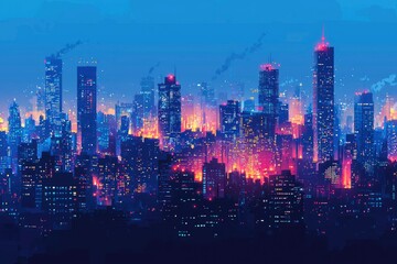 Canvas Print - Neon-Lit Cityscape with Illuminated Windows and Skyscrapers at Dusk