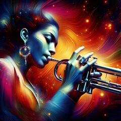 Wall Mural - This image shows an abstract portrait of a jazz musician passionately playing the trumpet.