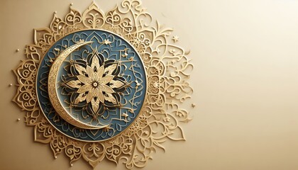 A gold crescent moon and star with intricate floral patterns on a light gold background.