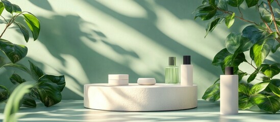 Poster - Organic podium for showcasing cosmetic products in a natural green setting 3D rendering