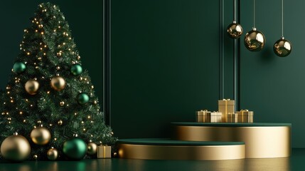 Aufkleber - Gold edged podium alongside a green Christmas tree adorned with gold accents set against an elegant green backdrop for holiday celebrations An abstract studio space designed for product displays an