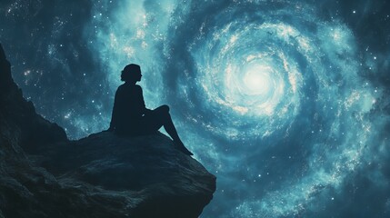 silhouette of a meditating woman in lotus pose with cosmic background and vibrant abstract lights, r