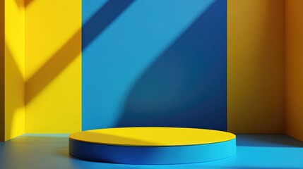 Poster - Blue podium against a yellow abstract backdrop 3D render graphic design