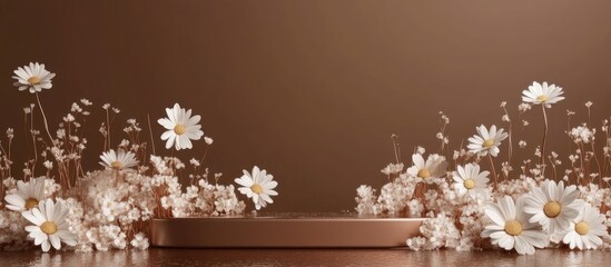 Wall Mural - Cosmetic display stand featuring daisy blossom flowers on a brown background 3D rendering