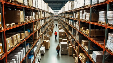 A wide-angle view of warehouse workers walking through the shelves, surrounded by boxes and pallets filled with goods.