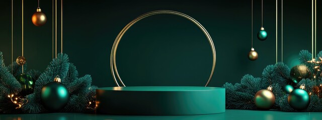 Aufkleber - Minimalist abstract Christmas scene featuring geometric shapes with a cylindrical podium set against green and gold backgrounds designed for product presentation 3D illustration