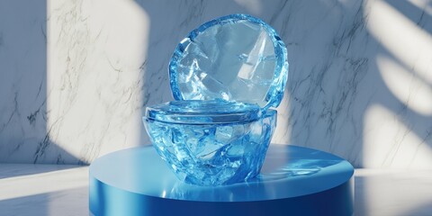 Poster - Cracked blue ice toilet symbol on a blue podium Social media icon for web presentation and design template element 3D render