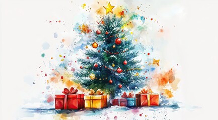 A vibrant Christmas tree stands adorned with shiny red ornaments and a star on top, surrounded by colorful wrapped gifts, evoking a warm holiday spirit,white background poster