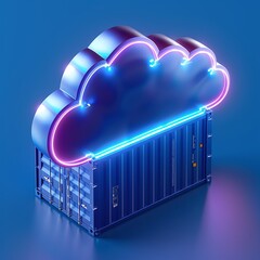 Wall Mural - 3D illustration of a cloud storage concept with a neon cloud and shipping container on a blue background, symbolizing data storage solutions.