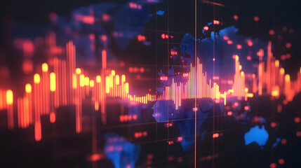 Wall Mural - Glowing chart of investment financial data with rising candlesticks and world map