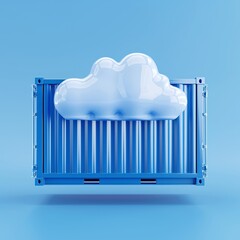 A blue shipping container with a cloud on top, representing cloud storage and computing. Minimalistic blue background.